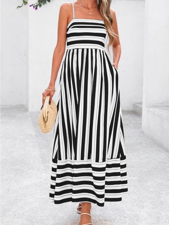 PrettyGarden Dresses & Skirts - Black & White Striped Maxi Dress with Spaghetti Straps
